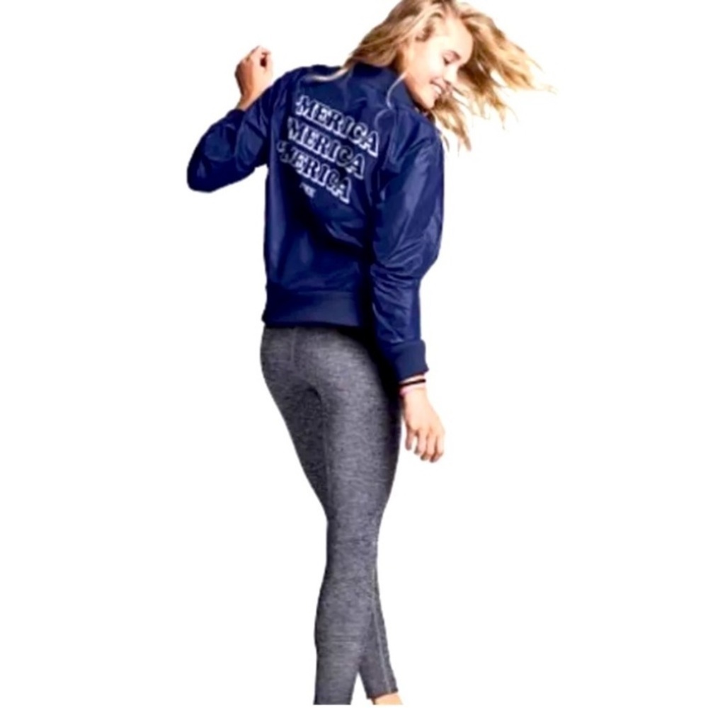 Victoria's Secret PINK Patriotic navy blue Satin "'Merica" graphic Bomber Jacket
